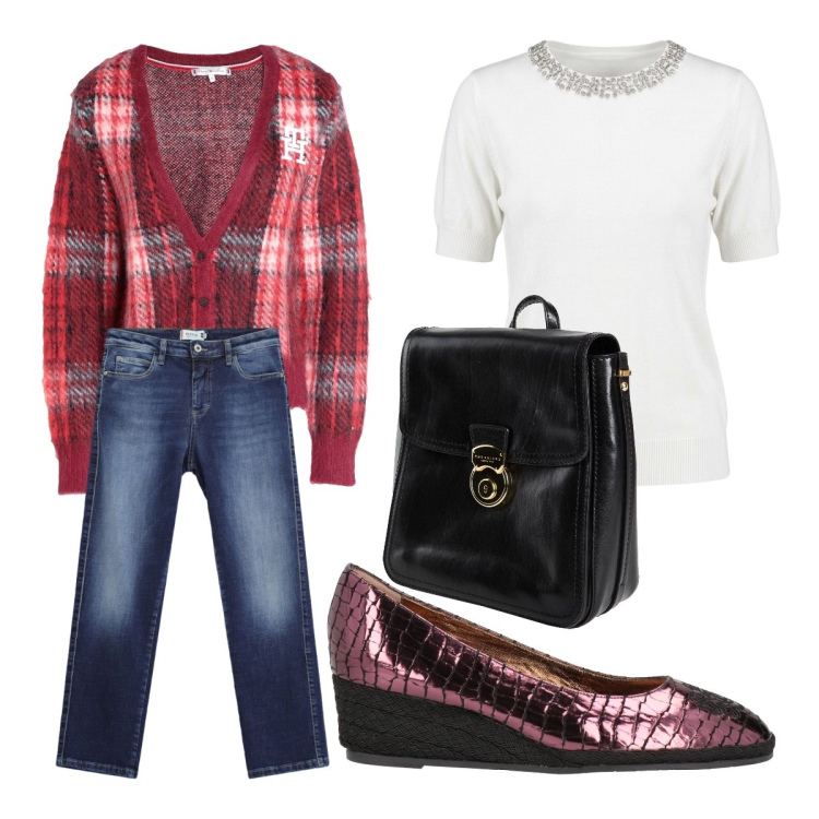 Outfit donna - Settembre. Stile Basic per Ufficio. Abbinamento con espadrillas, zaini, cardigans, jeans dritti, t-shirt.