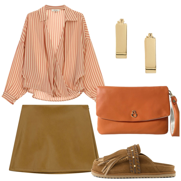 Outfit donna - La camicia a righe. Stile Boho per Tutti i giorni. Abbinamento con camicie, minigonne, pochette, orecchini, sabot.