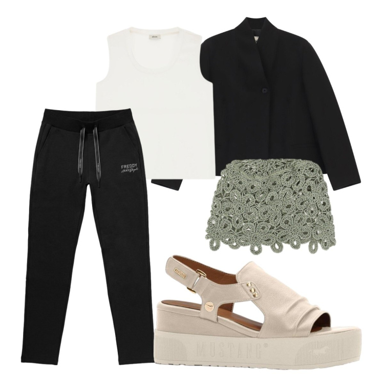 Outfit donna - Settembre. Stile Sporty chic per Serata fuori. Abbinamento con sandali, pantaloni, blazer, canottiere, accessori per capelli.