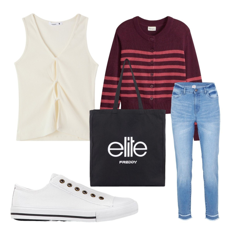 Outfit donna - Di giorno. Stile Basic per Tutti i giorni. Abbinamento con sneakers, jeans, cardigans, canottiere, shopping bag.