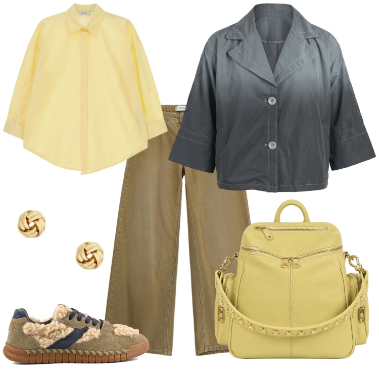 Outfit donna - Total look #2473644. Stile Casual chic per Ufficio. Abbinamento con camicie, pantaloni a palazzo, cappotti, zaini, orecchini, sneakers.