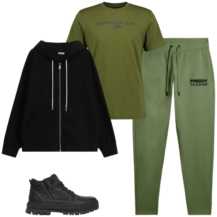Outfit uomo - Total look #2473646. Stile Casual per Sport. Abbinamento con t-shirt, felpe con cappuccio, pantaloni, stivali e stivaletti.