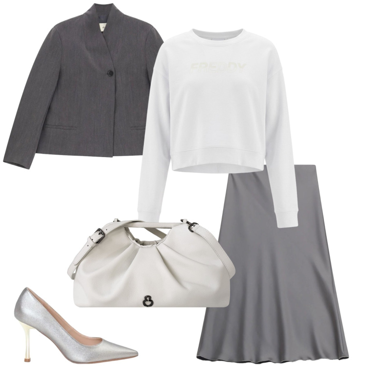 Outfit donna - Francy. Stile Glamour per Tutti i giorni. Abbinamento con felpe, gonne longuette, blazer, décolleté, clutch.