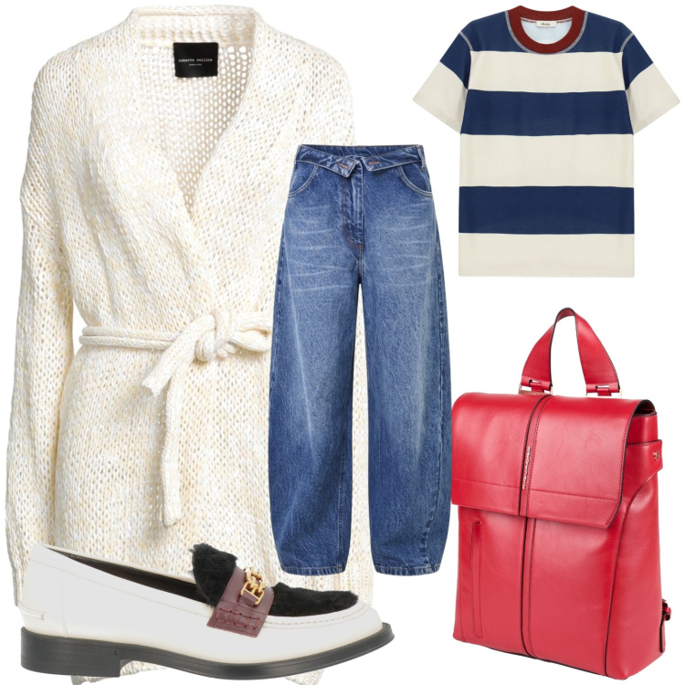 Outfit donna - Weekend fuori porta relaxed style. Stile Sporty chic per Tutti i giorni. Abbinamento con mocassini, cardigans, zaini, t-shirt, jeans mom.