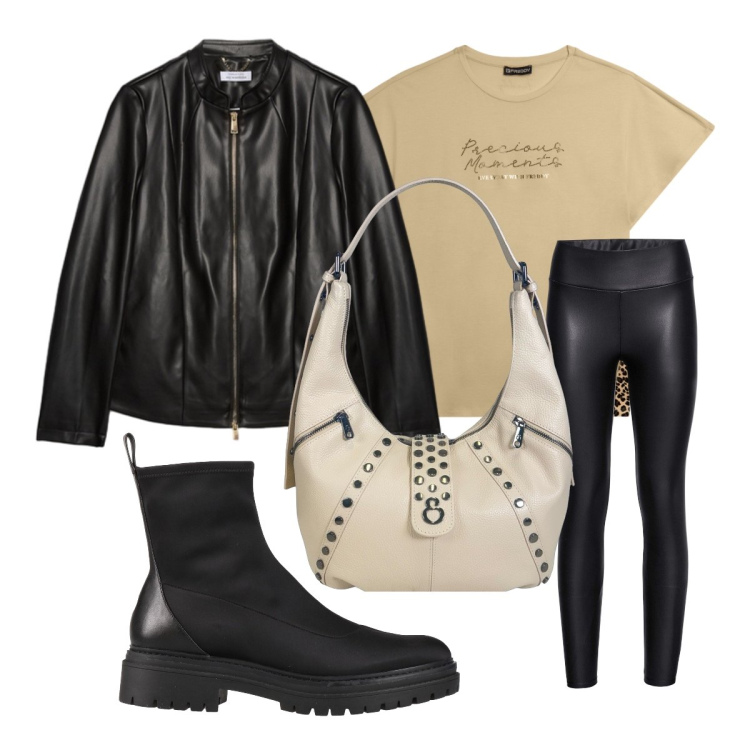 Outfit donna - Rock style. Stile Rock per Serata fuori. Abbinamento con stivaletti, treggings, t-shirt, giacche, borse a spalla.