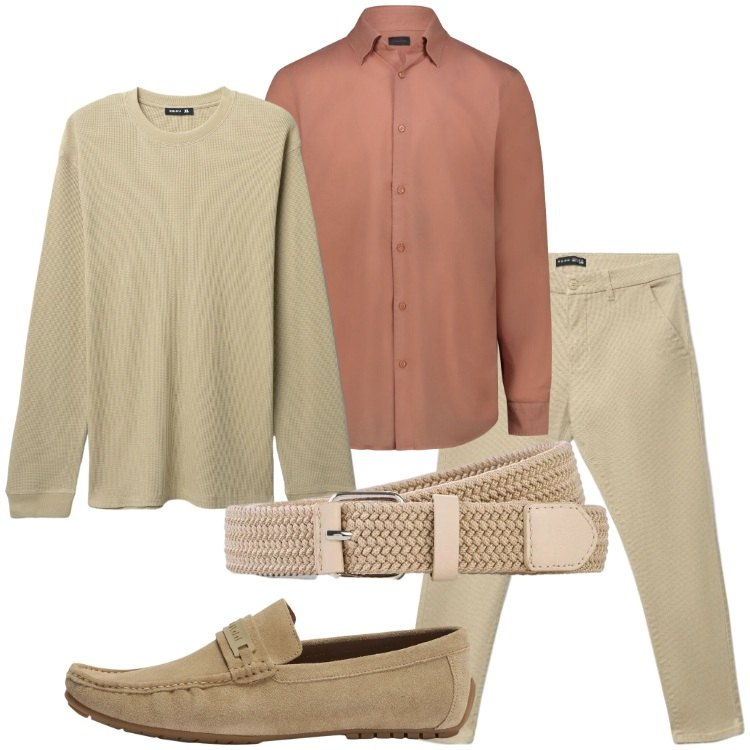 Outfit uomo - Toni neutri e terracotta. Stile Urban per Serata speciale. Abbinamento con cinture, scarpe stringate, camicie, maglieria, pantaloni chino.