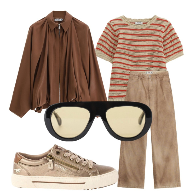 Outfit donna - Vado a fare la spesa. Stile Sporty chic per Tutti i giorni. Abbinamento con sneakers, occhiali da sole, bomber, t-shirt, pantaloni a palazzo.