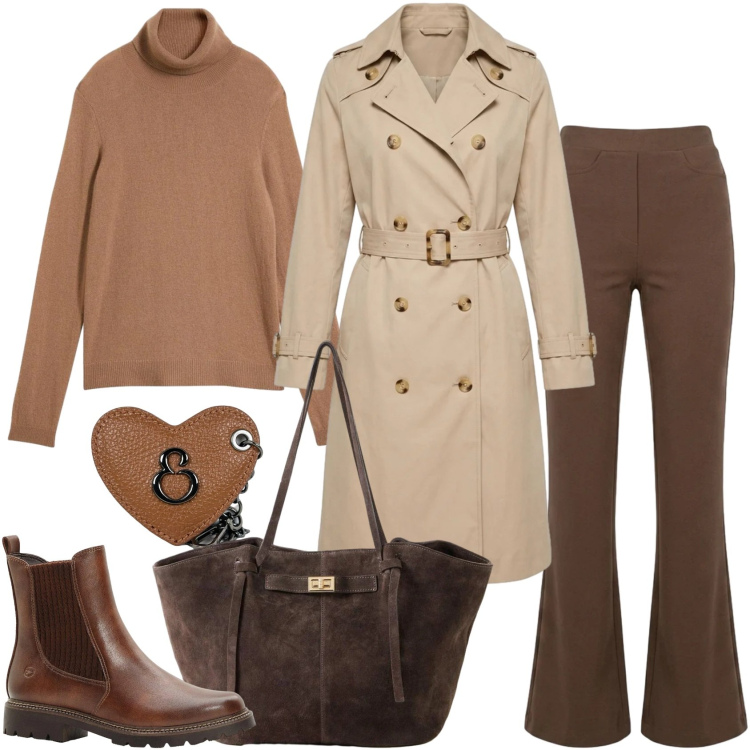 Outfit donna - Trench leggero e toni caldi-Focus Curvy. Stile Casual chic per Tutti i giorni. Abbinamento con stivaletti, pullovers, shopping bag, portachiavi, pantaloni, trench.