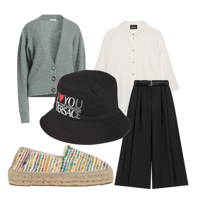 Outfit donna - Cardigan a settembre. Stile Preppy per Tutti i giorni. Abbinamento con cardigans, cappelli, espadrillas, pantaloni a palazzo, camicie.