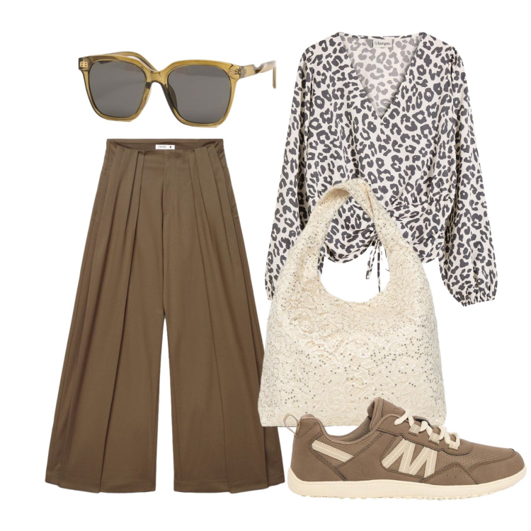 Outfit donna - Settembre. Stile Casual chic per Tutti i giorni. Abbinamento con bluse, sneakers, pantaloni a palazzo, borse a spalla, occhiali da sole.