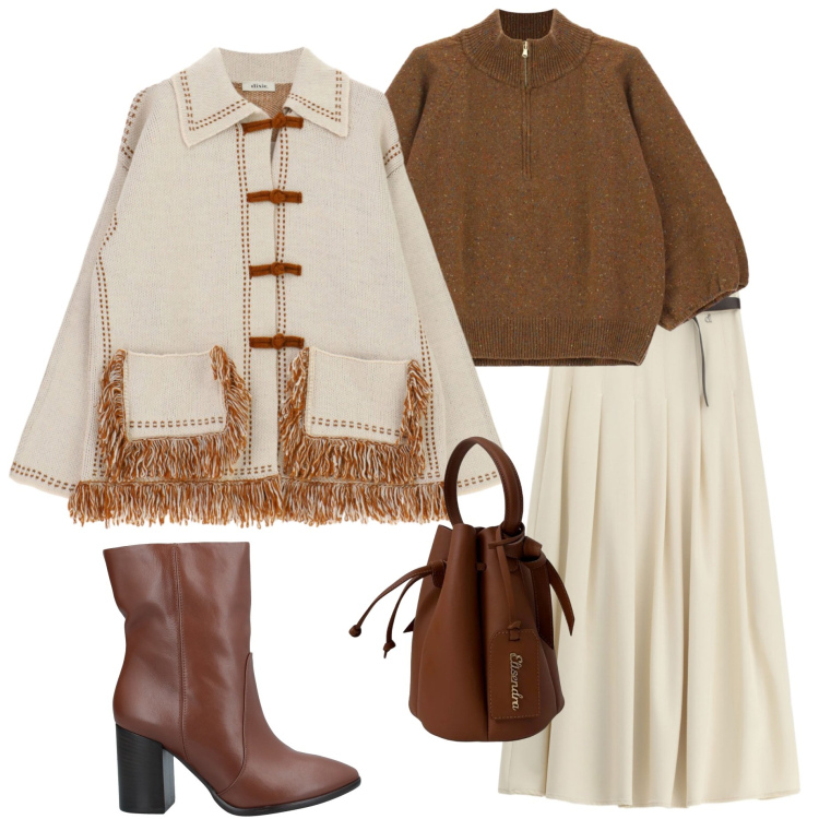 Outfit donna - Sfumature. Stile Casual chic per Tutti i giorni. Abbinamento con stivaletti, gonne lunghe, cardigans, maglieria, borse a secchiello.