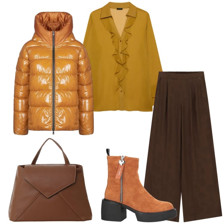 Outfit donna - Total look #2473666. Stile Casual chic per Tutti i giorni. Abbinamento con stivaletti, borse a mano, pantaloni a palazzo, piumini, bluse.