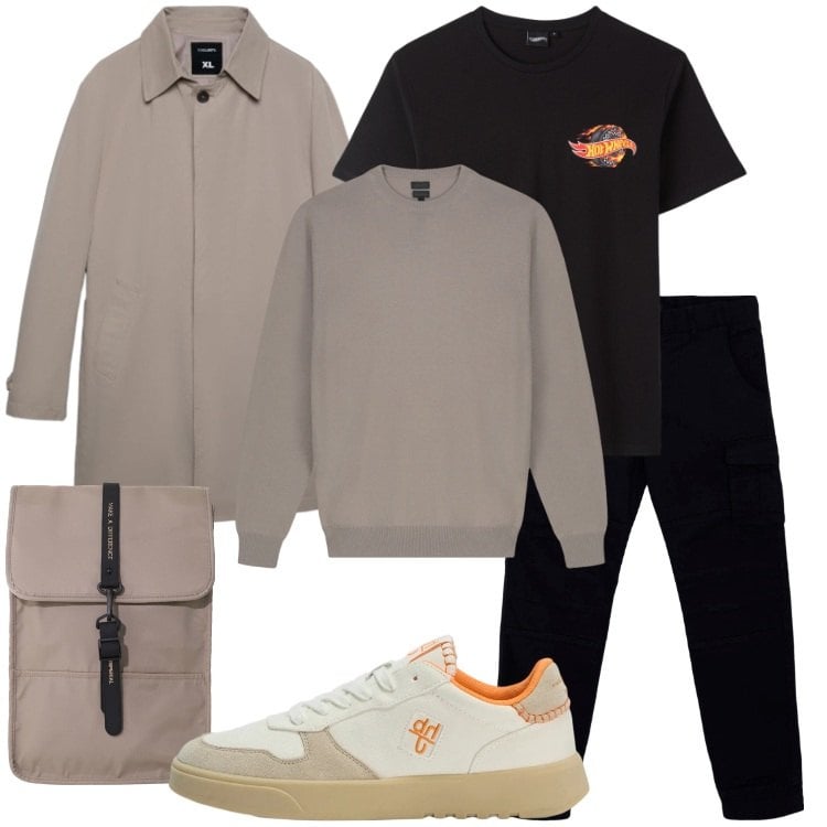 Outfit uomo - Layering urbano leggero. Stile Urban per Tutti i giorni. Abbinamento con sneakers, borse sportive, maglieria, pantaloni cargo, trench, t-shirt sportive.