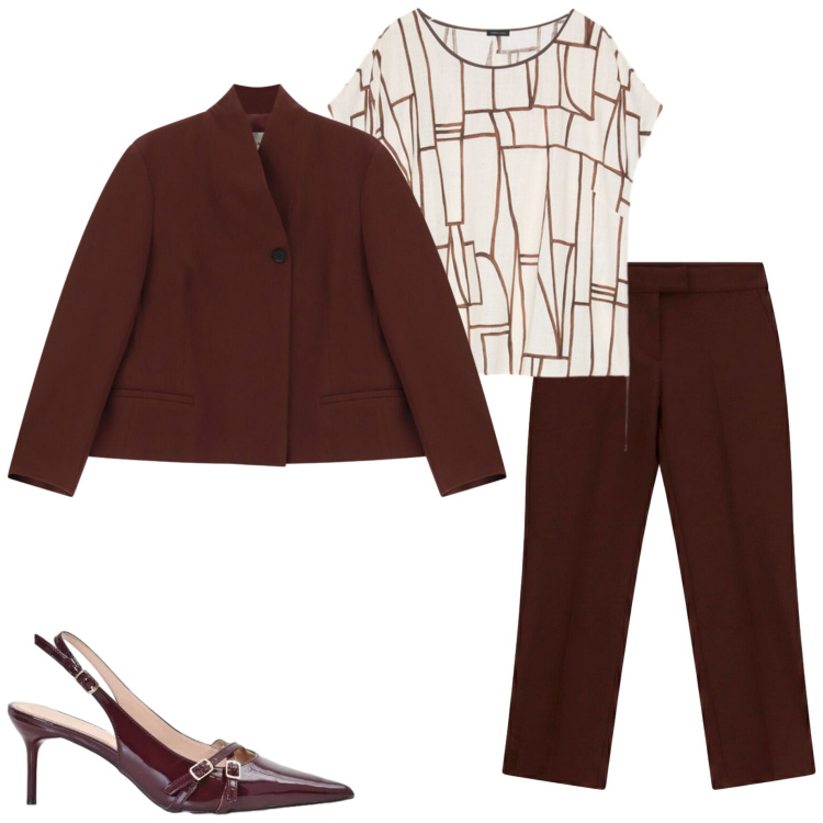 Outfit donna - Sfumature. Stile Casual chic per Ufficio. Abbinamento con pantaloni, blazer, décolleté, t-shirt.