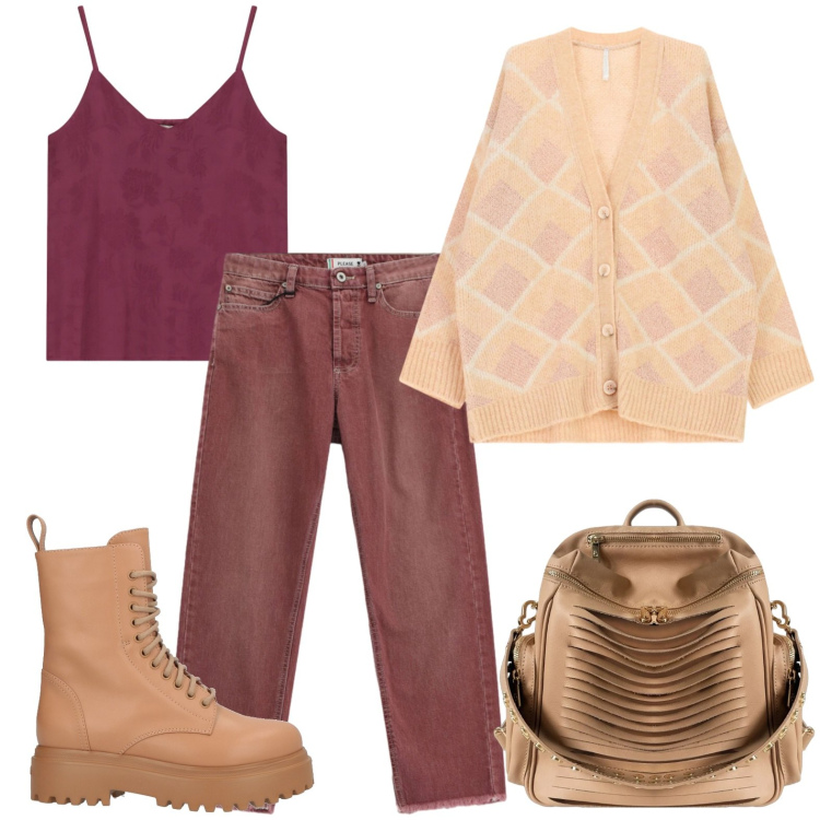 Outfit donna - Top a contrasto. Stile Casual per Ufficio. Abbinamento con stivaletti, cardigans, jeans dritti, top, zaini.