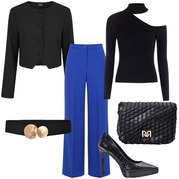 Outfit donna - Serata al ristorante. Stile Chic per Serata fuori. Abbinamento con décolleté, borse a tracolla, cinture, blazer, pantaloni a palazzo, maglieria.