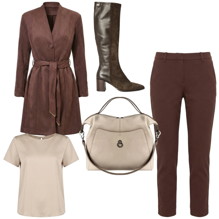 Outfit donna - Nuove nuance per il trench autunnale. Stile Glamour per Tutti i giorni. Abbinamento con stivali, pantaloni, trench, t-shirt, borse a mano.