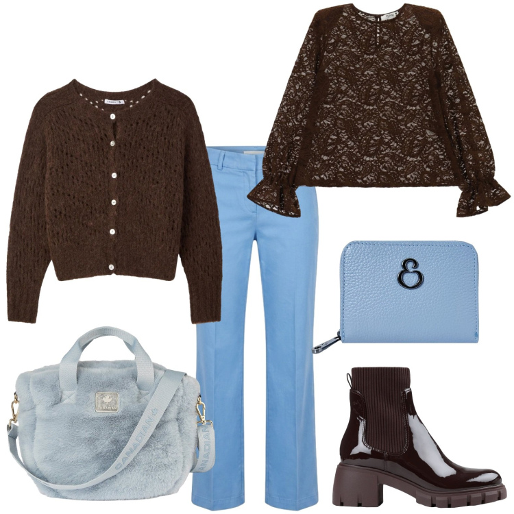 Outfit donna - Moka e azzurro. Stile Bon Ton per Tutti i giorni. Abbinamento con stivaletti, pantaloni, cardigans, bluse, borse tote, portafogli.