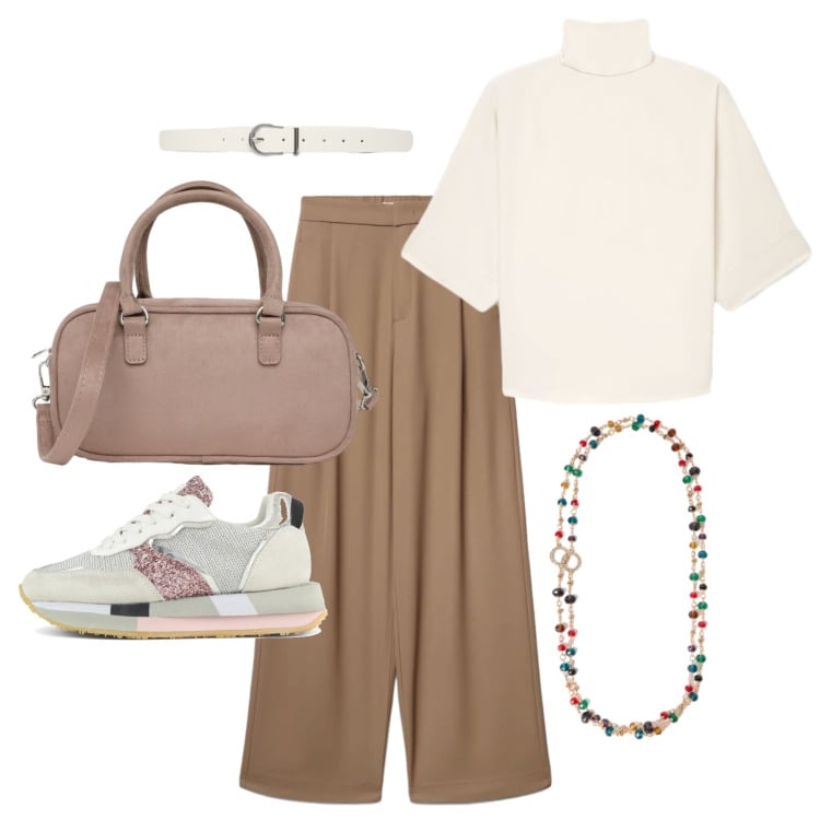 Outfit donna - Settembre. Stile Casual per Tutti i giorni. Abbinamento con pantaloni a palazzo, bluse, borse a tracolla, cinture, collane, sneakers.