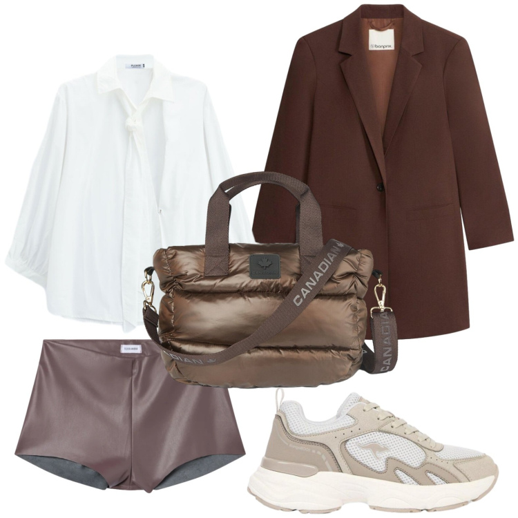 Outfit donna - Shorts dinamici. Stile Casual per Serata fuori. Abbinamento con sneakers, blazer, shorts, camicie, borse a tracolla.