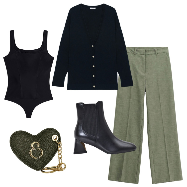 Outfit donna - Domani in ufficio. Stile Casual per Ufficio. Abbinamento con pantaloni, stivaletti, top, cardigans, portachiavi.
