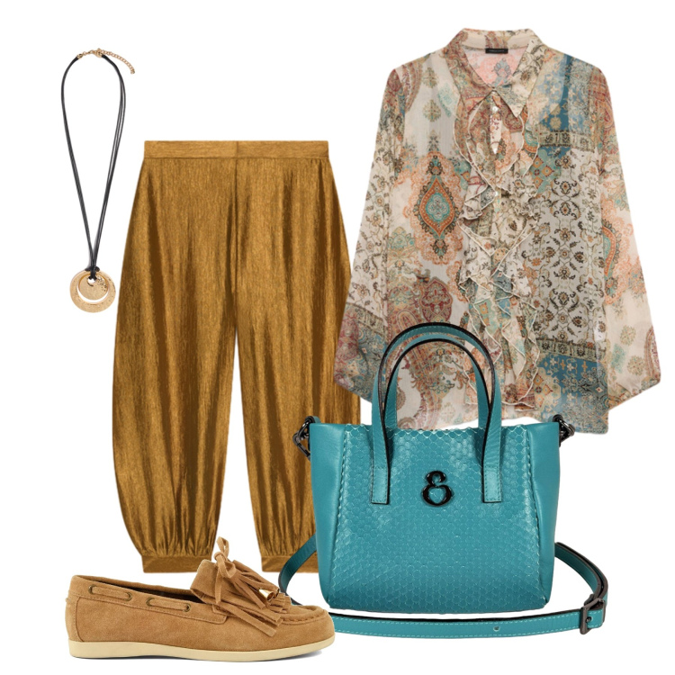 Outfit donna - Settembre. Stile Casual per Tutti i giorni. Abbinamento con camicie, pantaloni, ciondoli, borse a mano, mocassini.