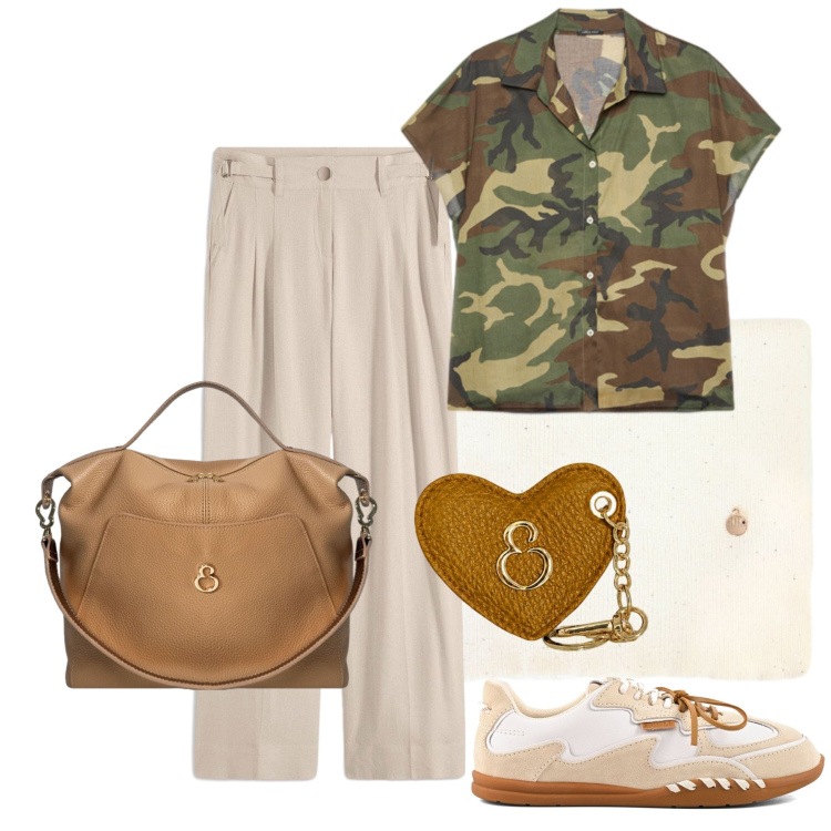 Outfit donna - Settembre. Stile Casual per Tutti i giorni. Abbinamento con pantaloni a palazzo, sciarpe, camicie a manica corta, borse a mano, portachiavi, sneakers.