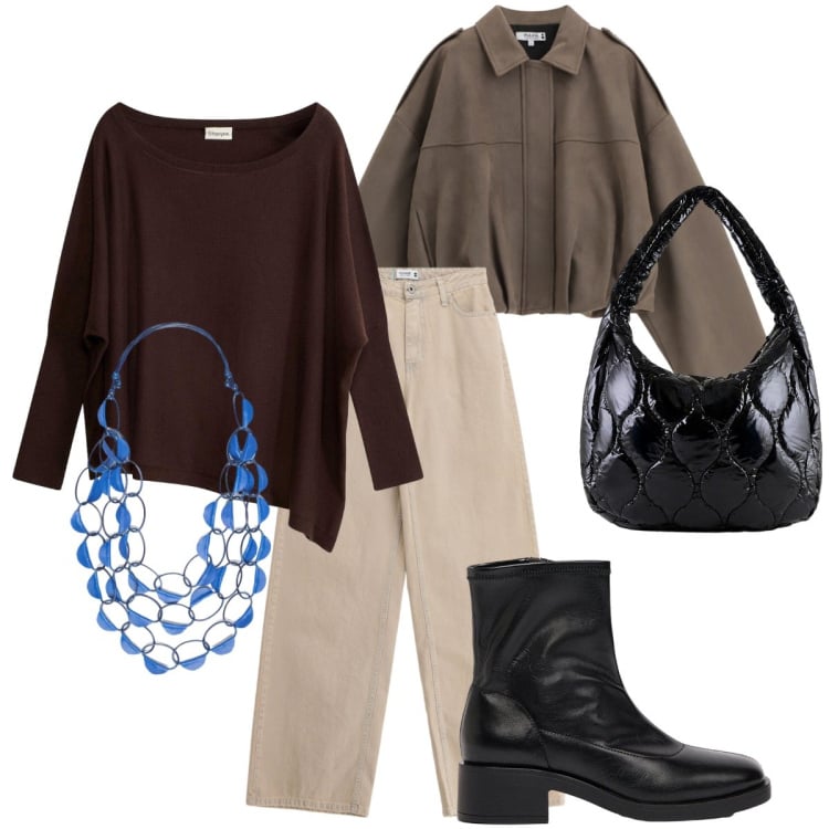 Outfit donna - Cioccolato e affini. Stile Basic per Tutti i giorni. Abbinamento con maglieria, stivaletti, bomber, pantaloni, borse tote, collane.