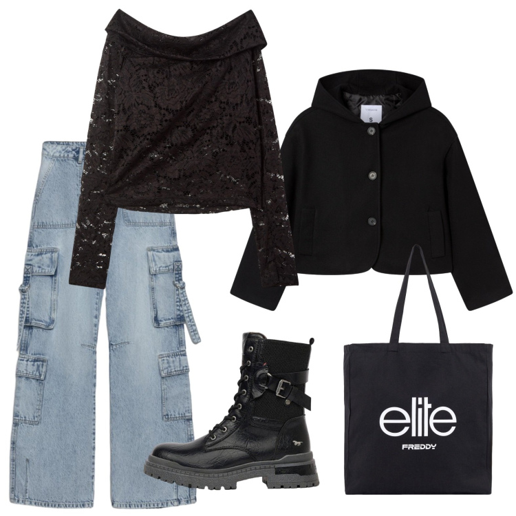 Outfit donna - Una blusa in pizzo accattivante. Stile Casual per Tutti i giorni. Abbinamento con anfibi, bluse, caban, jeans, shopping bag.