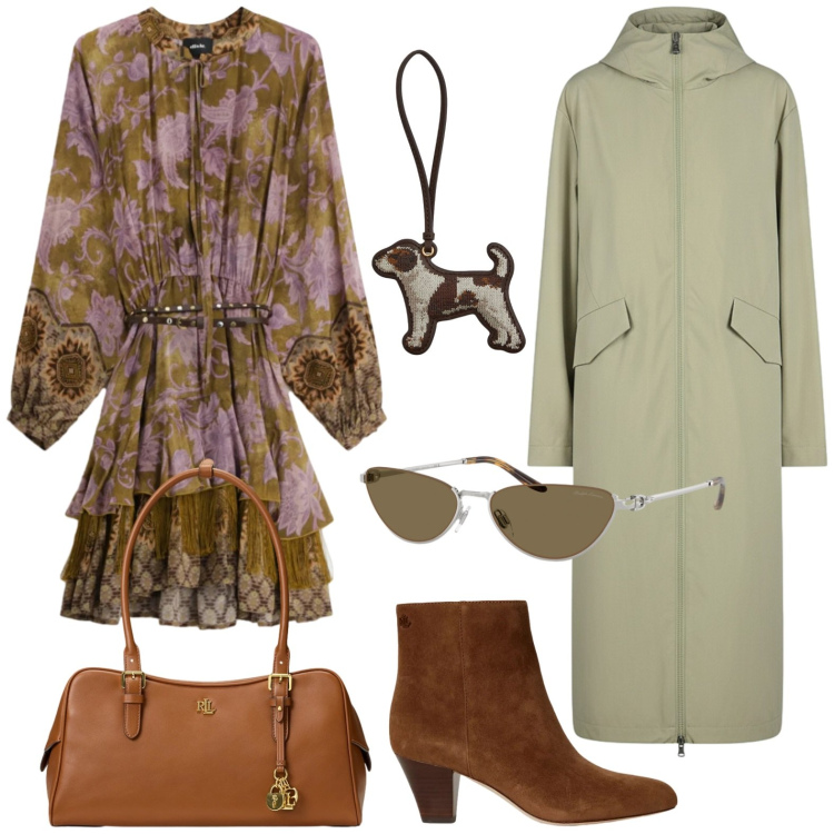Outfit donna - Speciale accessori suede. Stile Casual per Tutti i giorni. Abbinamento con vestiti corti, trench, occhiali da sole, borse a mano, portachiavi, stivaletti.