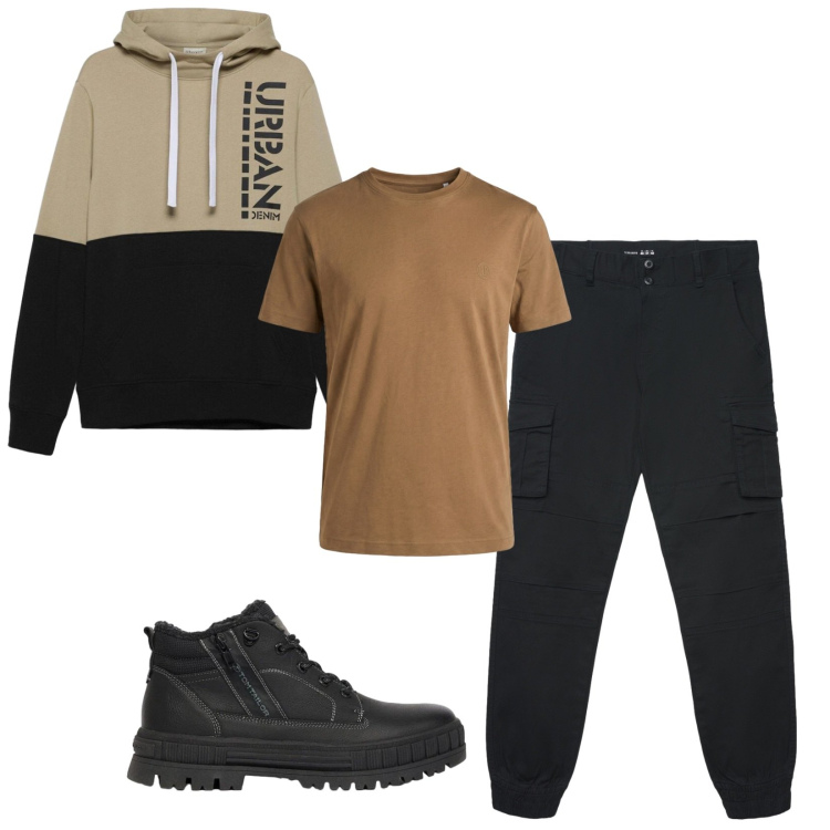 Outfit uomo - Total look #2473696. Stile Urban per Sport. Abbinamento con t-shirt, pantaloni cargo, stivali e stivaletti, felpe con cappuccio.