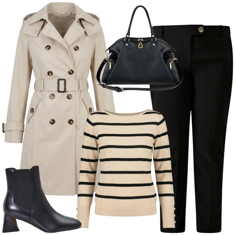 Outfit donna - Eleganza rilassata. Stile Chic per Tutti i giorni. Abbinamento con pantaloni, stivaletti, trench, maglieria, shopping bag.