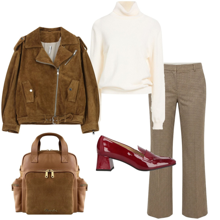 Outfit donna - Pronta per un\'altra giornata impegnativa. Stile Casual chic per Ufficio. Abbinamento con maglieria, mocassini, pantaloni, giacche, zaini.