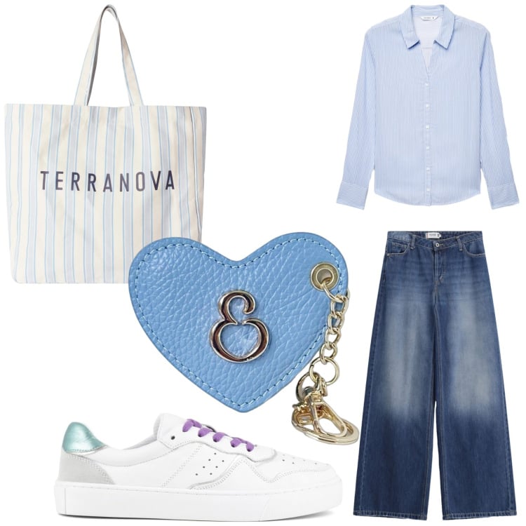 Outfit donna - Jeans scuro Please. Stile Casual chic per Ufficio. Abbinamento con camicie, shopping bag, jeans, portachiavi, sneakers.