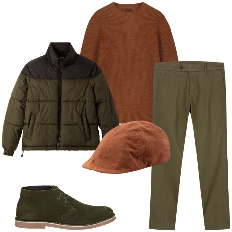 Outfit uomo - Total look #2473714. Stile Urban per Tutti i giorni. Abbinamento con pantaloni chino, maglieria, stivali e stivaletti, cappelli con visiera, bomber.