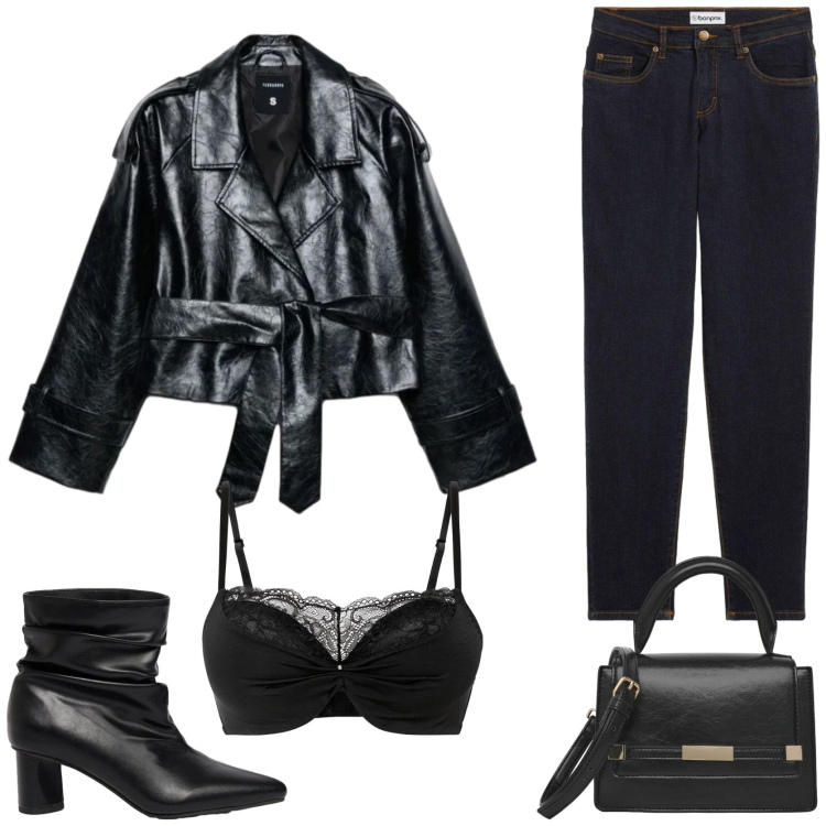 Outfit donna - Trendy con il trench del momento. Stile Trendy per Tutti i giorni. Abbinamento con reggiseni push-up, jeans mom, stivaletti, trench, borse a tracolla.