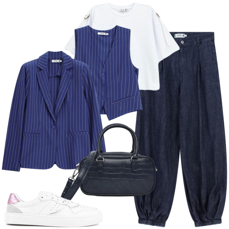 Outfit donna - Sporty chic ufficio tempo libero. Stile Sporty chic per Tutti i giorni. Abbinamento con borse a tracolla, jeans, t-shirt, blazer, gilet, sneakers.