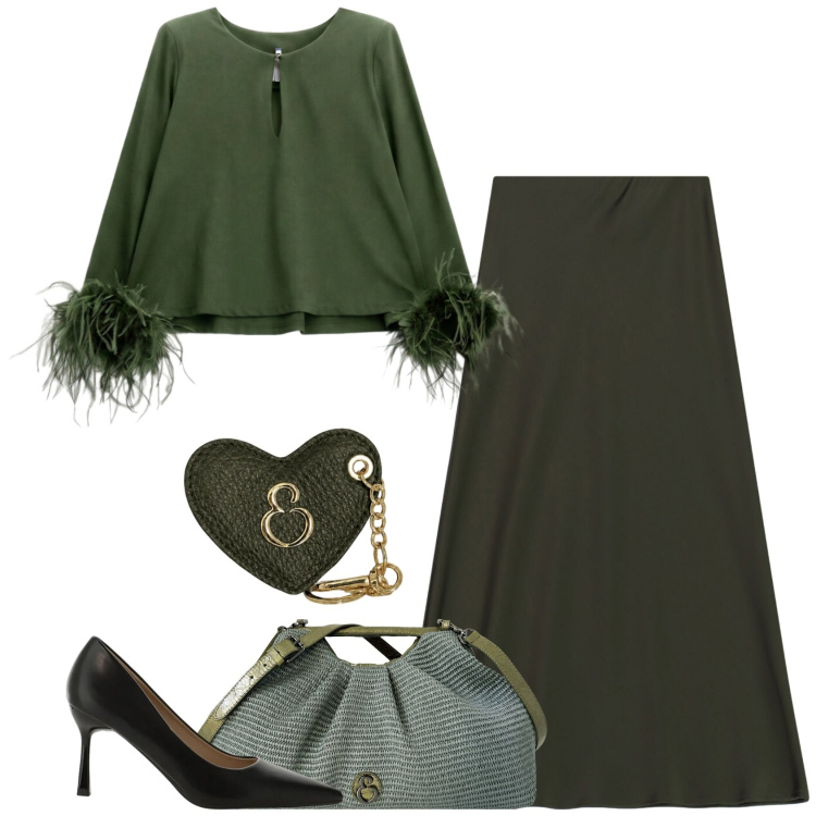 Outfit donna - Serata. Stile Glamour per Serata fuori. Abbinamento con décolleté, bluse, gonne lunghe, clutch, portachiavi.