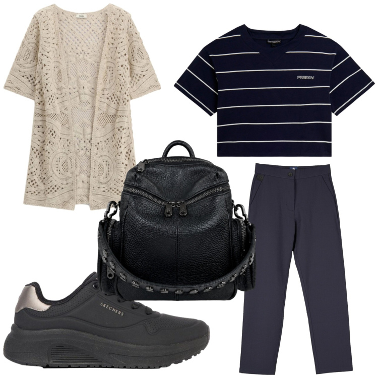 Outfit donna - Weekend casual chic. Stile Basic per Tutti i giorni. Abbinamento con sneakers, t-shirt, cardigans, pantaloni chino, zaini.