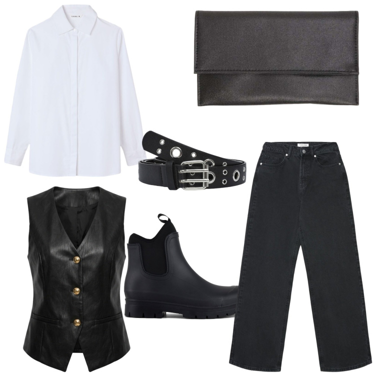 Outfit donna - Grintosa e rock. Stile Rock per Tutti i giorni. Abbinamento con jeans, cinture, camicie, gilet, clutch, stivali.