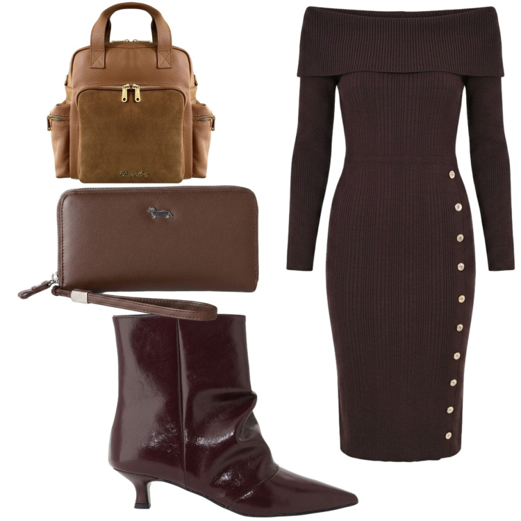 Outfit donna - Il ritorno degli stivaletti. Stile Chic per Serata fuori. Abbinamento con portafogli, zaini, vestiti asimmetrici, stivaletti.