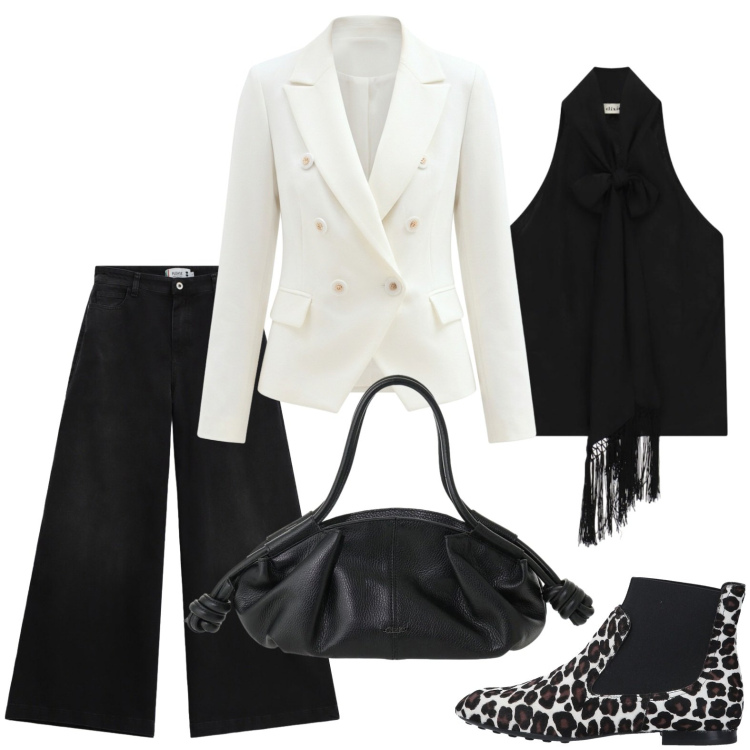 Outfit donna - Party black&white. Stile Trendy per Serata fuori. Abbinamento con stivaletti chelsea, jeans, top, borse a mano, blazer.