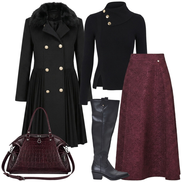 Outfit donna - Total look #2473761. Stile Chic per Serata fuori. Abbinamento con gonne longuette, maglieria, cappotti, stivali, shopping bag.