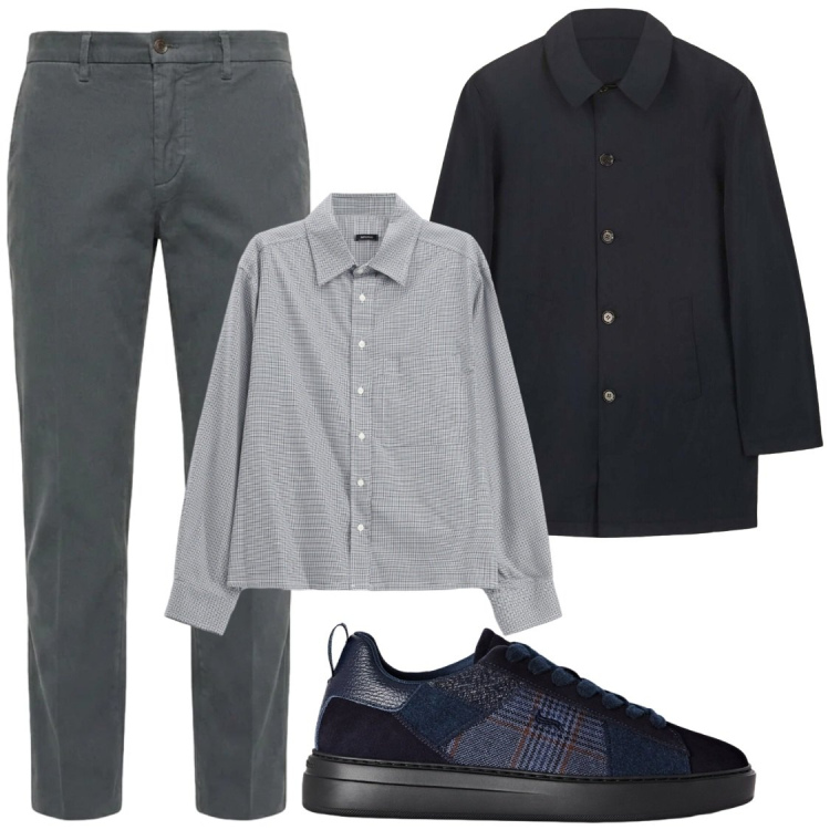 Outfit uomo - Tempo di pioggia. Stile Trendy per Ufficio. Abbinamento con sneakers, pantaloni, camicie, giacche.