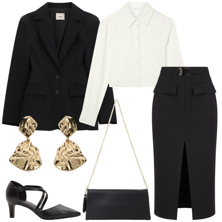 Outfit donna - Invito a cena. Stile Bon Ton per Serata fuori. Abbinamento con décolleté, gonne longuette, camicie, borse a tracolla, blazer, orecchini.