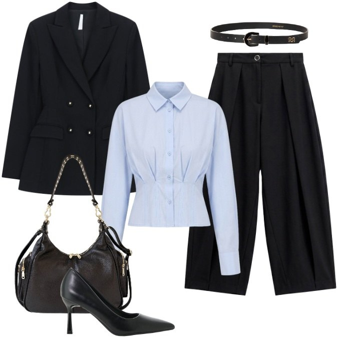 Outfit donna - Back to office - Settembre. Stile Chic per Ufficio. Abbinamento con décolleté, blazer, pantaloni a palazzo, camicie, cinture, borse a spalla.