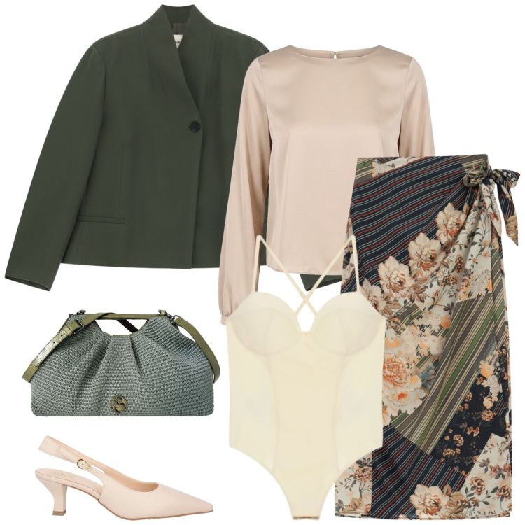 Outfit donna - Pranzo in città. Stile Chic per Tutti i giorni. Abbinamento con décolleté, gonne longuette, body, blazer, bluse, clutch.