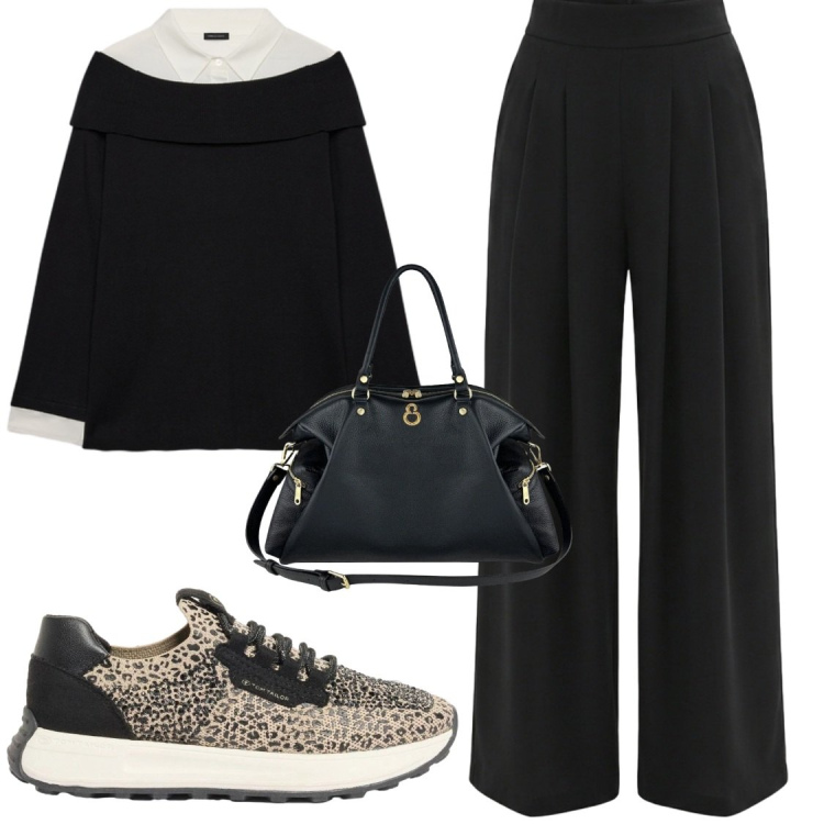 Outfit donna - Total look #2473829. Stile Chic per Ufficio. Abbinamento con sneakers, pantaloni a palazzo, bluse, shopping bag.