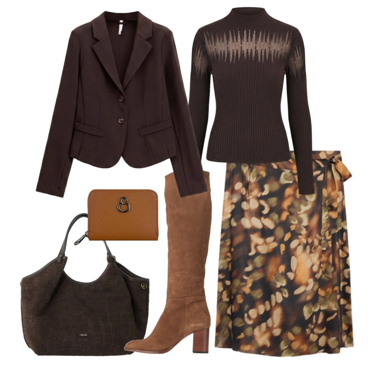 Outfit donna - Tonalità calde. Stile Chic per Ufficio. Abbinamento con stivali, blazer, borse a spalla, pullovers, gonne longuette, portafogli.