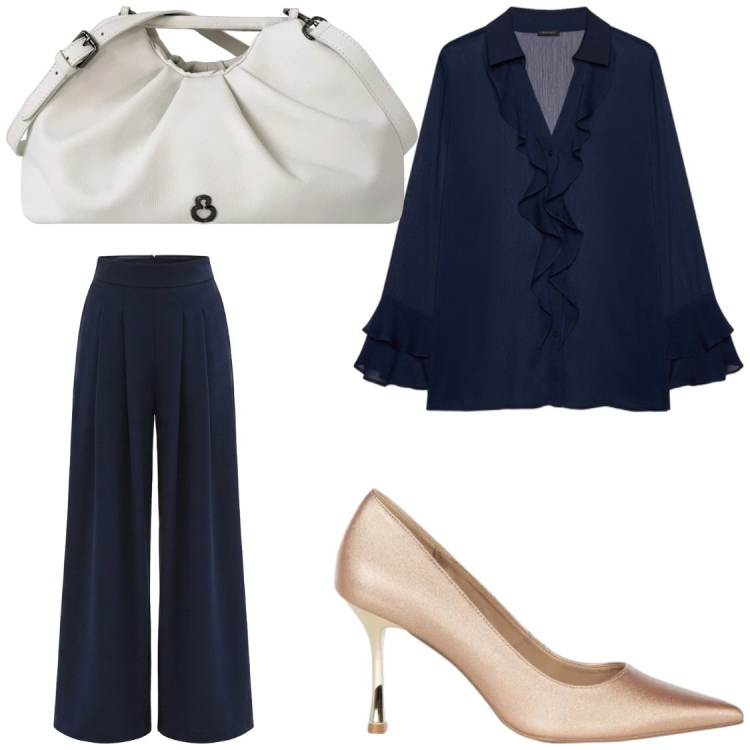 Outfit donna - Total look #2473831. Stile Chic per Serata fuori. Abbinamento con pantaloni a palazzo, décolleté, bluse, clutch.